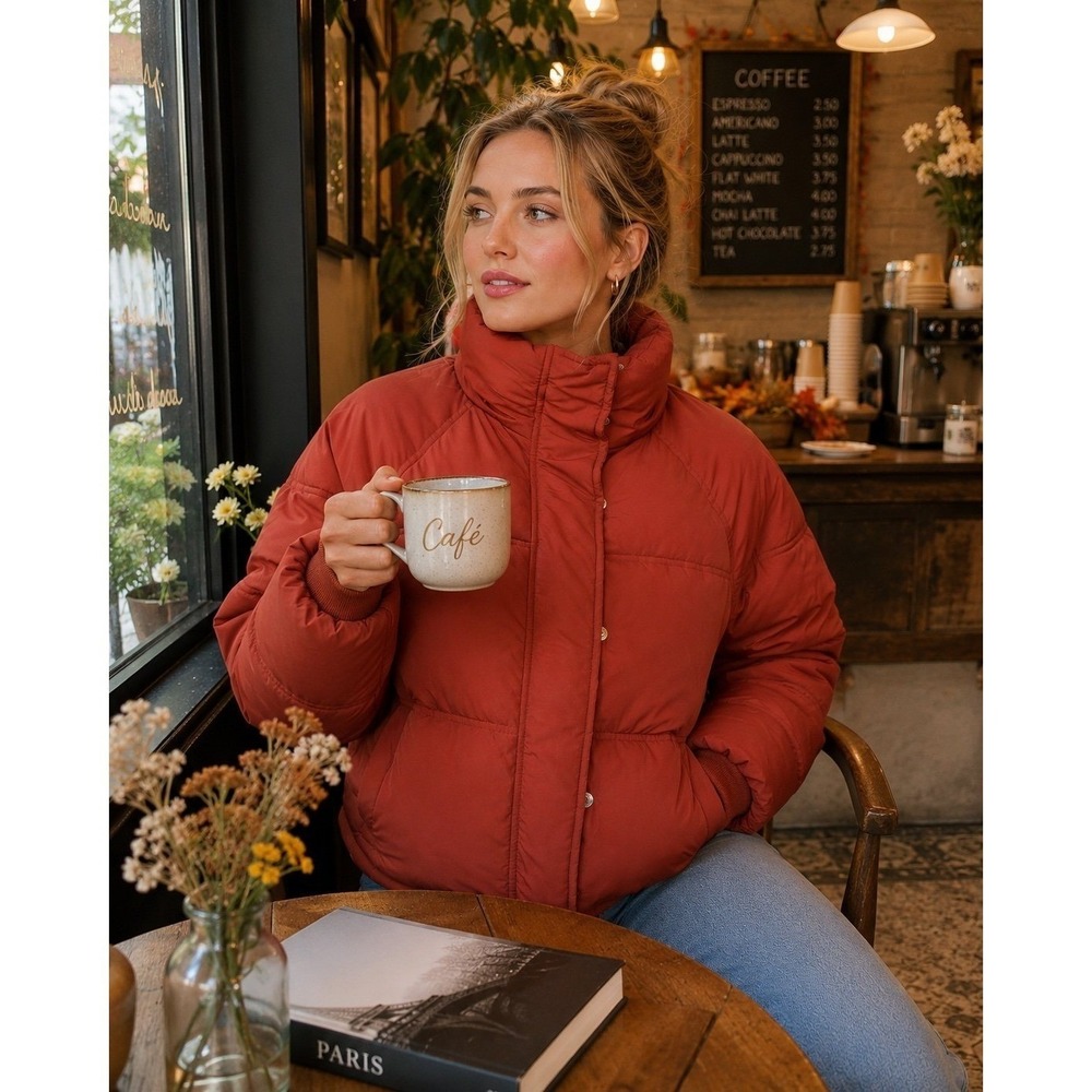 Topshop Rust Puffer Jacket Cropped High Neck Snap Zip Women US 4